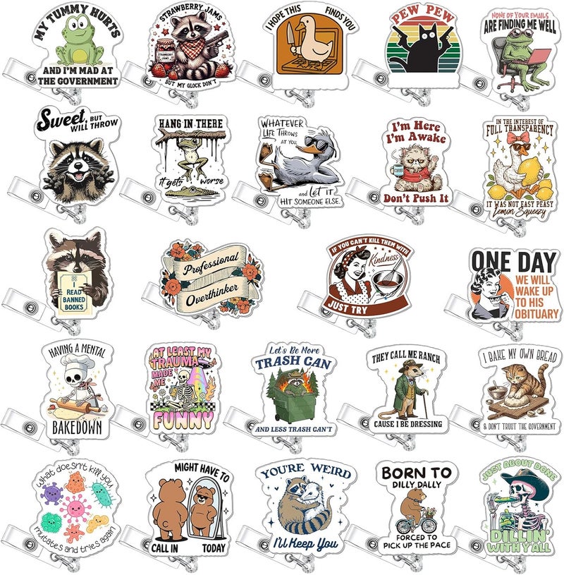 Feifeiya 24 Pcs Funny Badge Reel Nurse Cute Retractable Name ID Clip Badge Holder for Doctor Medical Assistant Student Coworker Work Accessories Bulk Gifts(Humorous) - Image 1